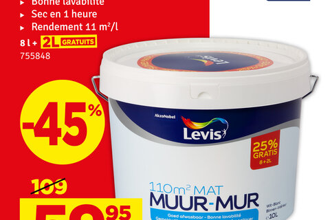 Peinture blanche mate 8+2L LEVIS à -15% soit 59,95€ au lieu de 109€